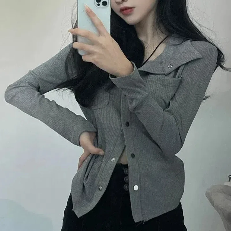 All-match Women's Clothing Solid Color Button Long Sleeve Pockets Turn-down Collar Cardigan Spring Autumn Coats Fashionable Tops