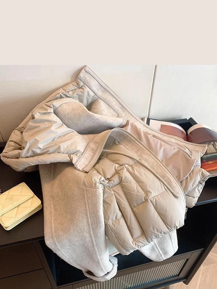 Women Mixed Fabric Spliced Puffer Jacket Hooded Drawstring Zip Up Long Sleeve Quilted Warm Cropped 2026 New Ladies Outerwear