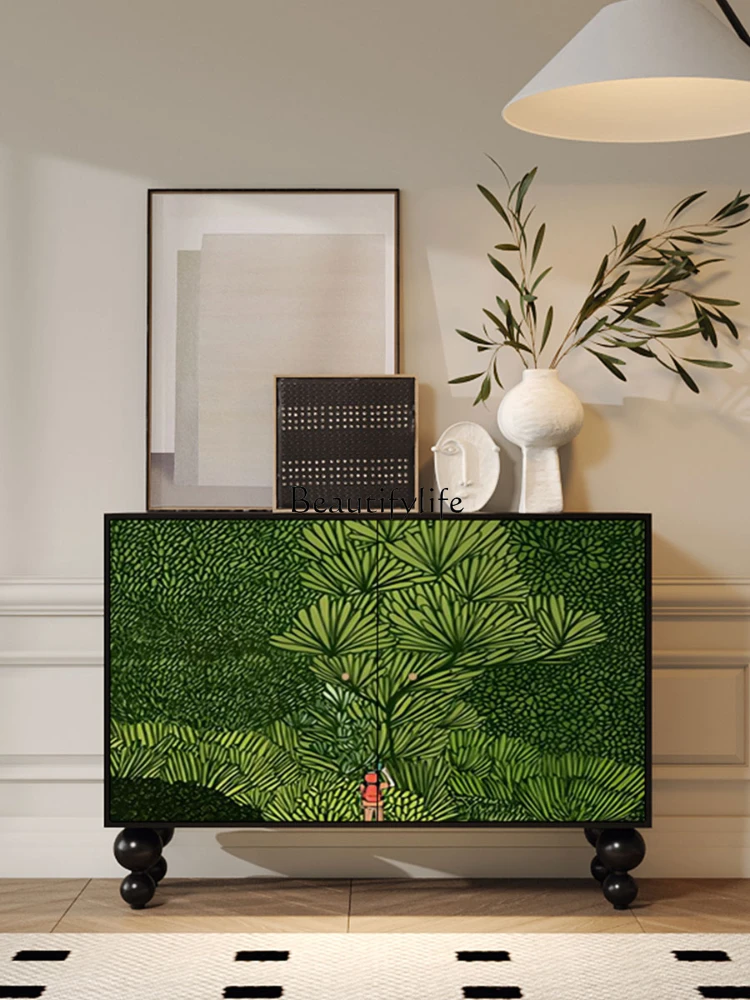 Retro Solid Wood Modern Art Painted Green Jungle Oil Painting Decorative Storage Entrance Cabinet