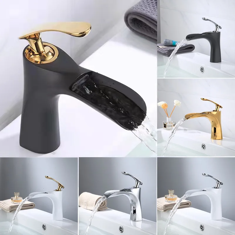 

Смесители для раковины с водопадным изливом для ванной комнаты, горячая и холодная вода, настольные, античная бронза, хром, белый, черный, золотой