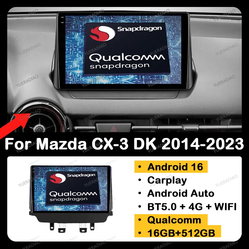 Radio Multimedia para Auto con Android 16 y Carplay para Mazda CX-3 DK Mazda 2 DJ 2014-2023, Reproductor de Video, Navegador GPS, 4G, WIFI, Unidad Principal con Bluetooth