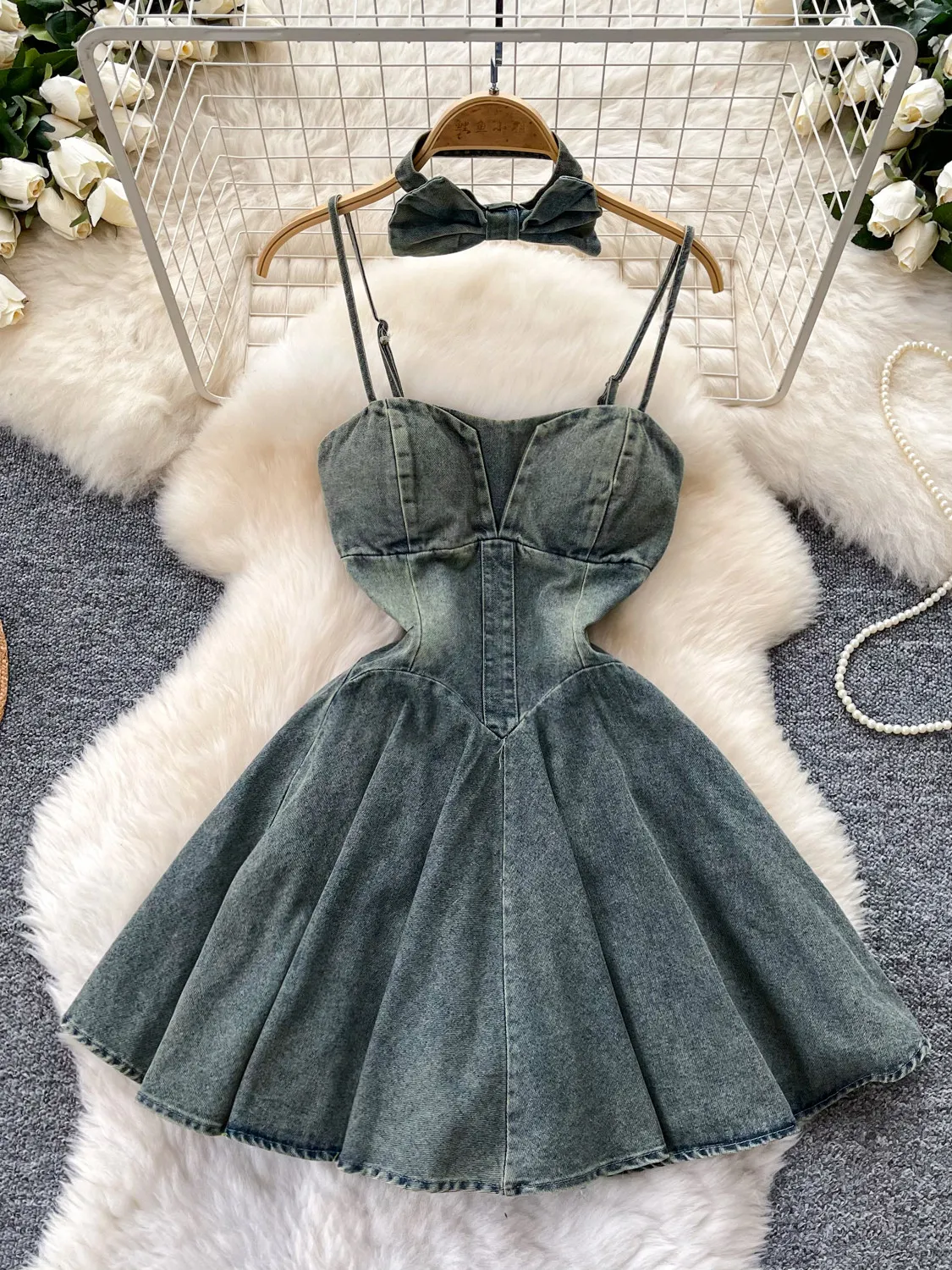 

Женское синее джинсовое мини-платье А-силуэта, винтажное, без рукавов, с открытыми плечами, для дня рождения, ковбойское платье, цельное, летнее, для женщин