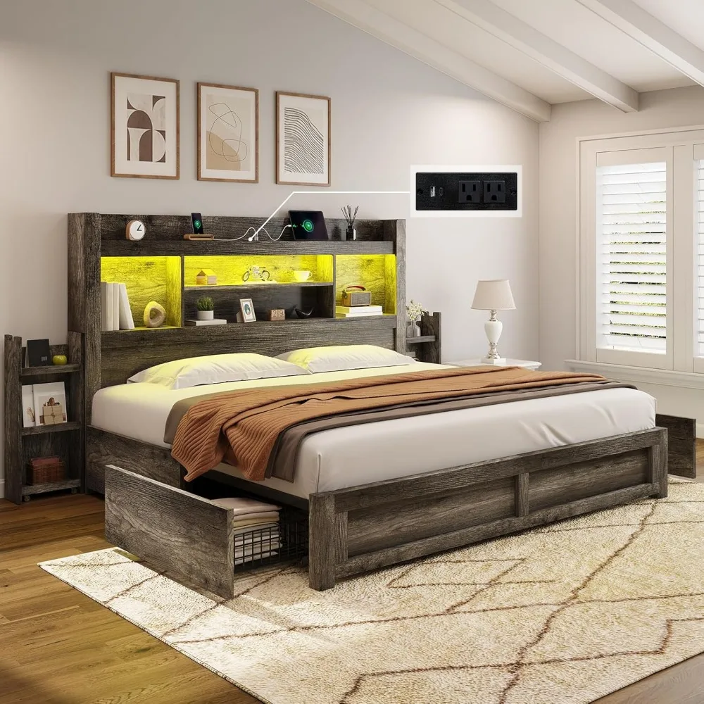 

King Size Bed Frame with 4 Storage Drawers, LED Bed Frame with 49“ Tall Bookcase Headboard, Wood Platform Bed with Char