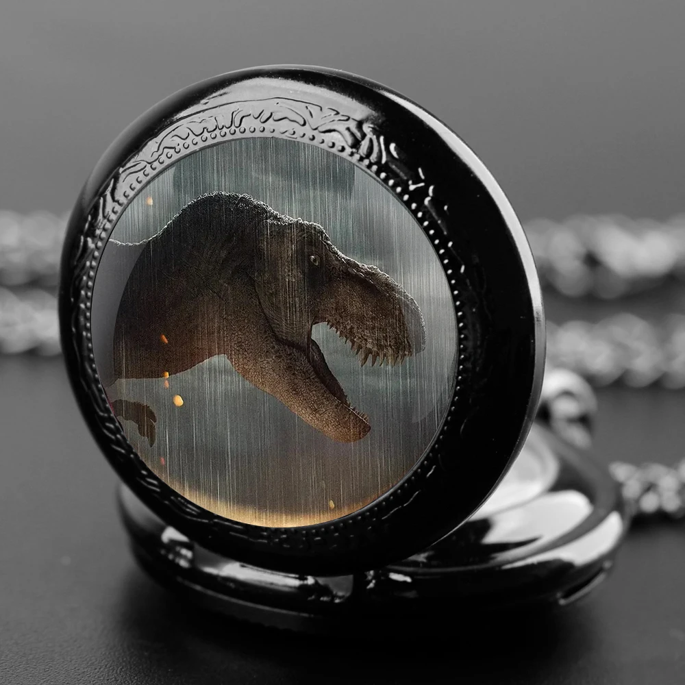 Dinosaur Park Glass Dome Quartz Pocket Watch With Durable Chain Arabic Numeral Dial Halloween Gifts for Men Women Kids