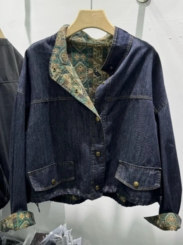 

Модный джинсовый джинсовый топ в стиле ретро, Гонконг, контрастного цвета, воротник-стойка, свободный крой, универсальный утягивающий женский топ