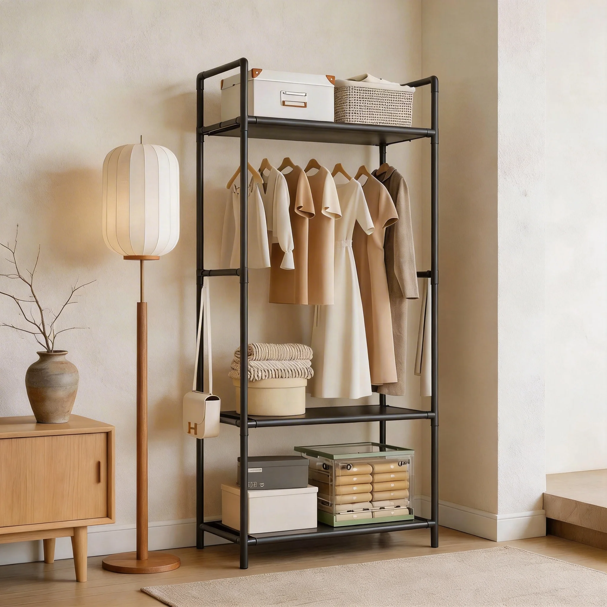 Versatile Garment Stand Hooks Space Efficient Clothes Rack Multi-Tier Storage Unit Living Room Garment Storage Organizer Shelf