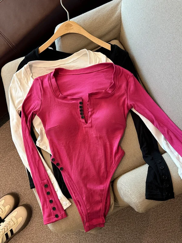 

Slim Fit Long Sve Onesie for Women Autumn Inner Wear with Chest Pad Sli Versatile Button up Top Commute Sle Loose Fit