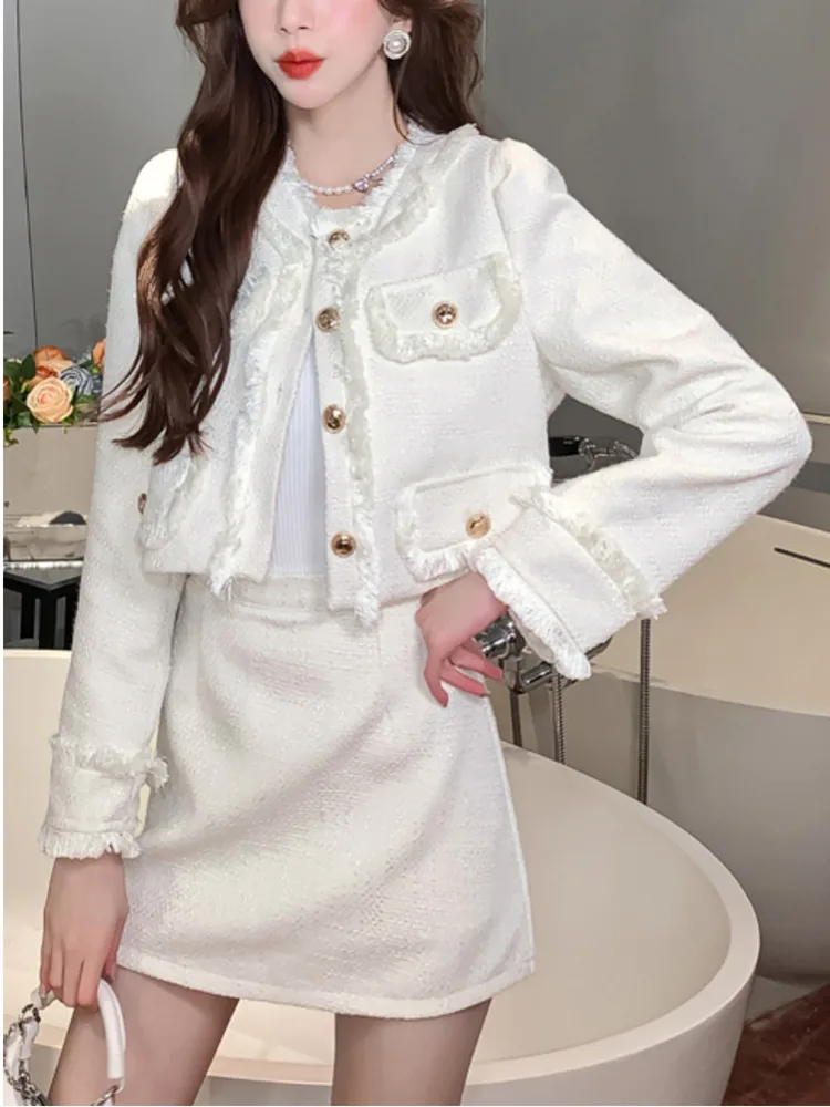 Tweed Suits Autumn New Fashion Skirt Two Piece Set Women Single Breasted Jacket Crop Top + High Waist Mini Skirt Elegant Outfits