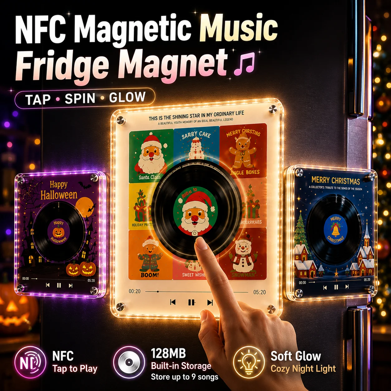 NFC Magnetic Music Fridge Magnet LED Glowing Light‑Up Record‑Shaped Refrigerator Sticker Tap‑to‑Play Christmas Halloween Gift