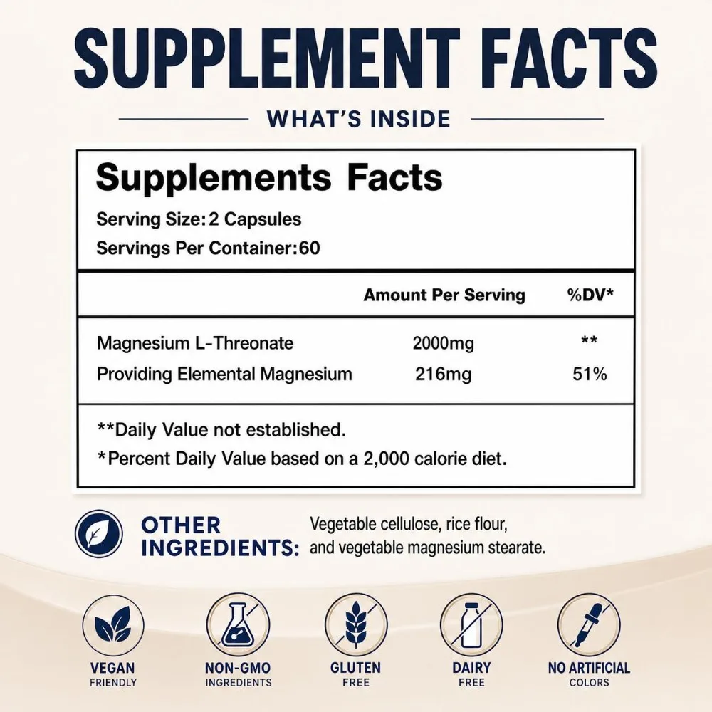 Magnesium L-Threonate 2000mg 120 Vegan Capsules - Brain Health Supplement - Energy Focus Immune Support Non-GMO GMP Dietary
