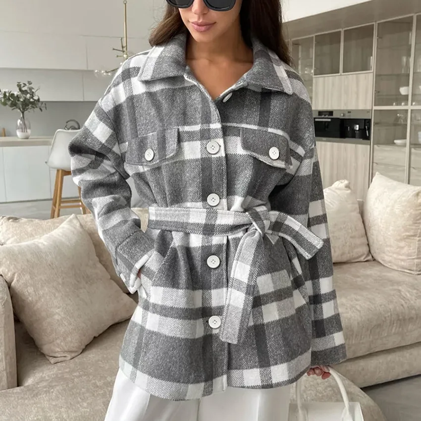 

Autumn Vintage Plaid Women Lapel Pocket Long Sleeve Single Breasted Jackets Loose Casual Outerwear Warm Checked Coats with Belt