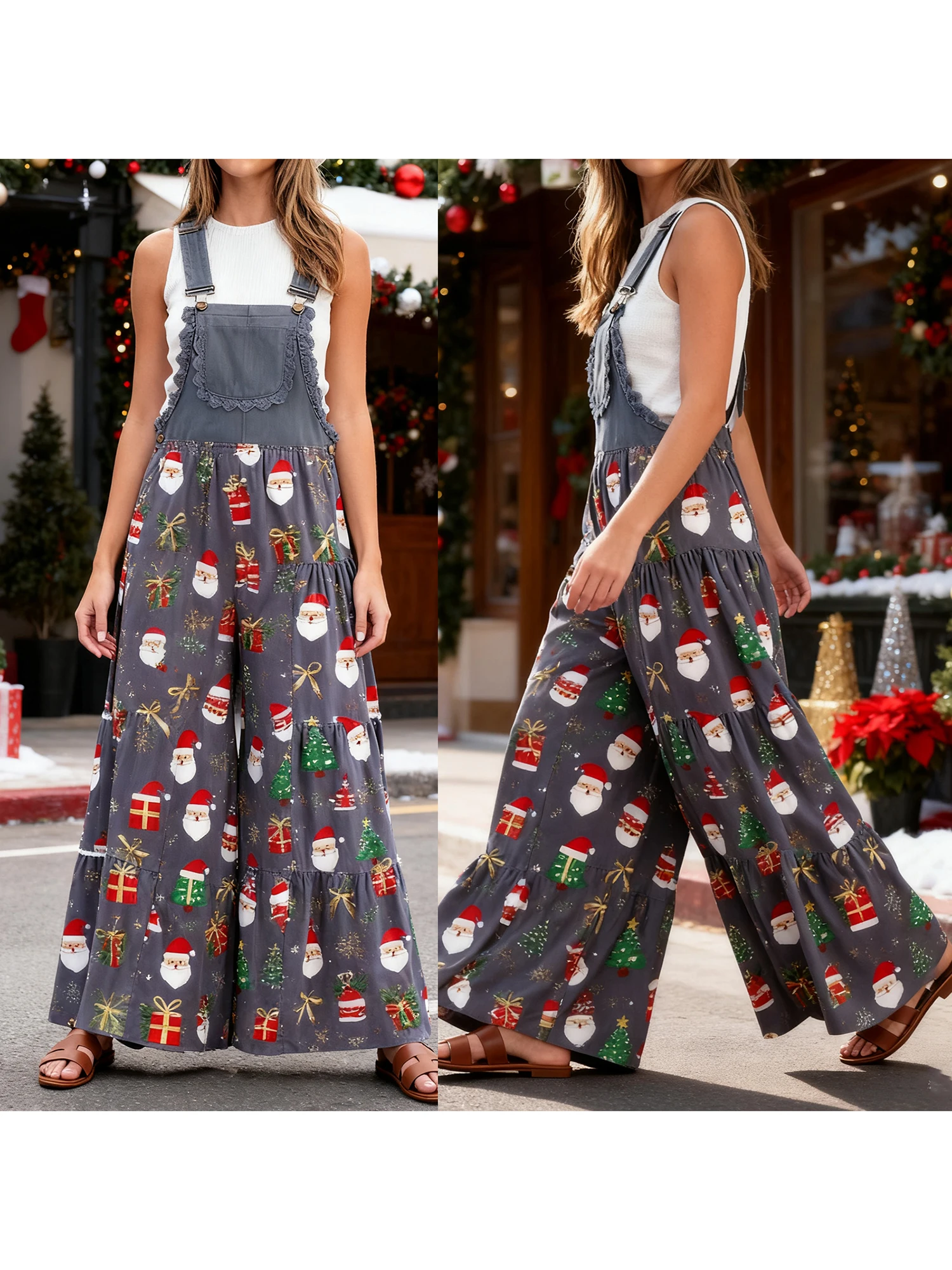 女性用クリスマスジャンプスーツ ノースリーブ レース パッチワーク フェスティブなプリントとワイドレッグオーバーオールでスタイリッシュなホリデー ルックを演出します