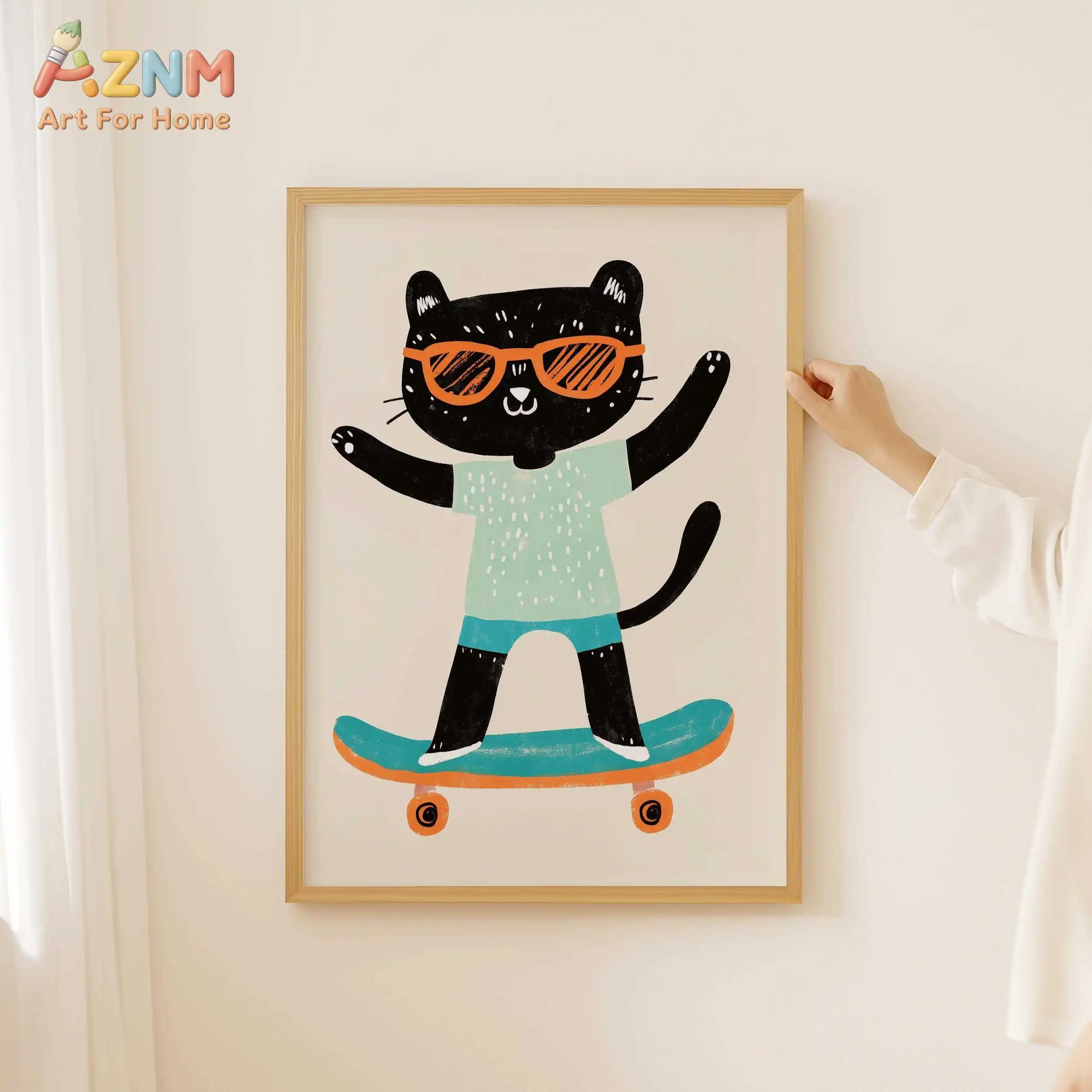 AZNM Cartoon Skateboarding Animal Canvas Wall Art Tiger Lion Cat Bear With Sunglasses Illustration Kids Bedroom Nursery Decor Un