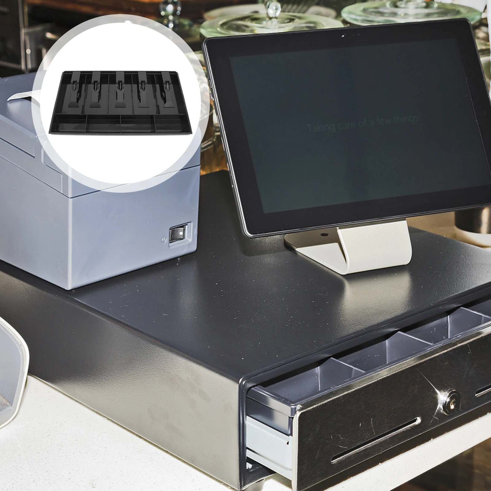 صندوق نقود مع 5 حجرات فواتير و4 صواني للعملات المعدنية لمنظم درج أمين الصندوق في متجر السوبر ماركت حتى إدخال أسود