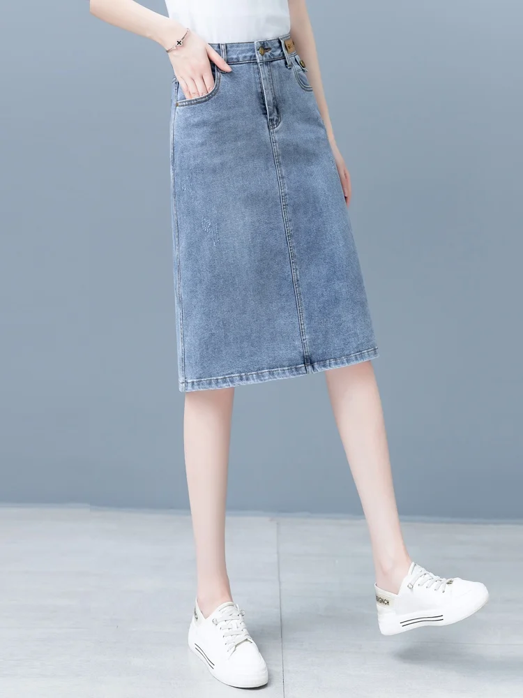 

Summer Thin High Waist A-Line Midi Skirt Women's Denim Skirt Half-length Casual Cotton Polyester Blend Skirt