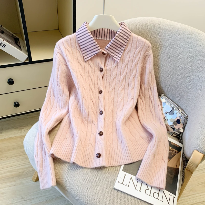 

Женский кардиган RAIN YAN LIN: новая модная модель на весну-осень, вязаный, с воротником-поло (эффект двухслойности), простой, с длинным рукавом, приталенный, элегантный свитер-топ