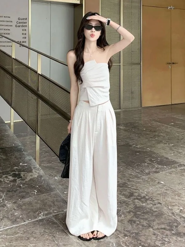 

Slimming High Waist Wide Leg Pants Two Piece Set Women's Summer Casual Outfit Pure Desire Style Crop Top Tank Vest
