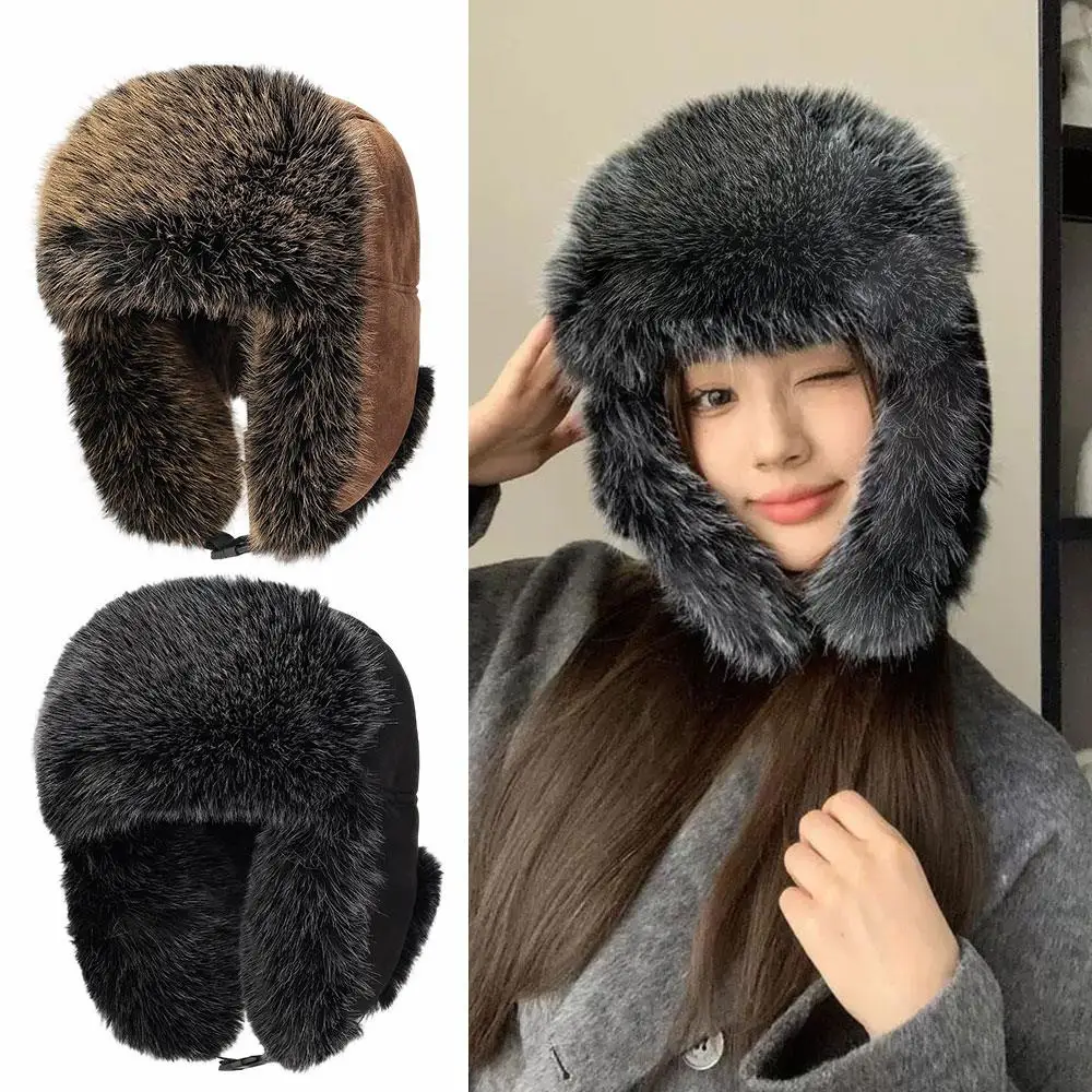 

Thicken Faux Fur Lined High Imitation Fox Fur Ear Protectors Cap Riding Travel Cold-proof Casual Warm Cap Fluffy Fur Retro Hat