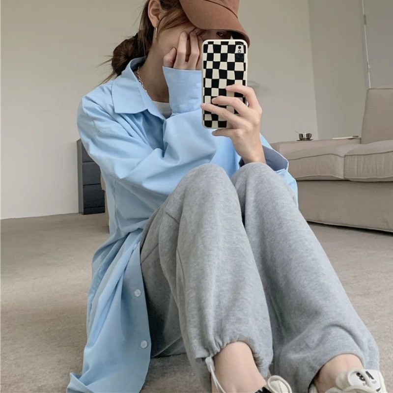 Shirts Frauen Casual Faul Stil Ulzzang Studenten Harajuku Frühling Lose Minimalistischen Täglichen Alle-spiel Beliebte drehen-unten Kragen tops