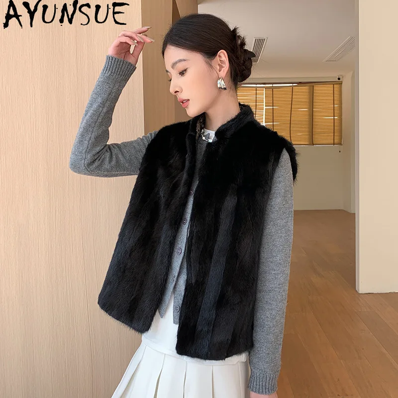 AYUNSUE سترة فرو المنك الحقيقي لملابس حريمي 2025 سترات فاخرة من الفرو الحقيقي امرأة الخريف الشتاء جاكيت بلا إكمام شوبانا Жеenca