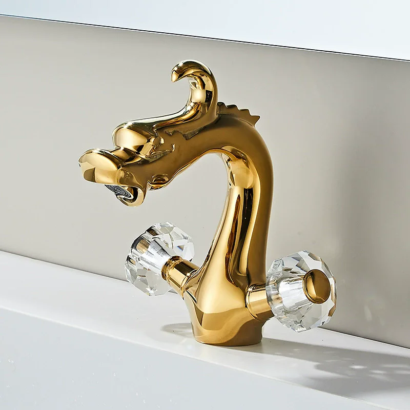 Luxury Bathroom Sink Tap Hot and Cold Crystal Handle Basin faucet Creative Water Brass Gold Sink Tap Dragon Design