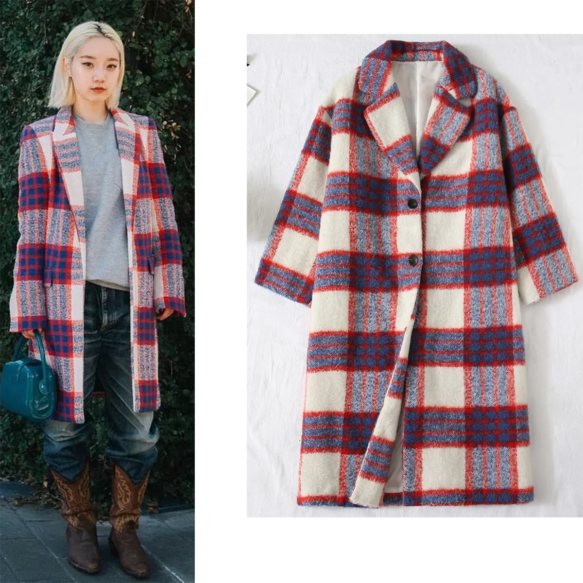 

Autumn Winter Patchwork Women Plaid Woolen Coat Vintage Fashion Loose Casual Blends Jacket Women Thick Fashion Outwear