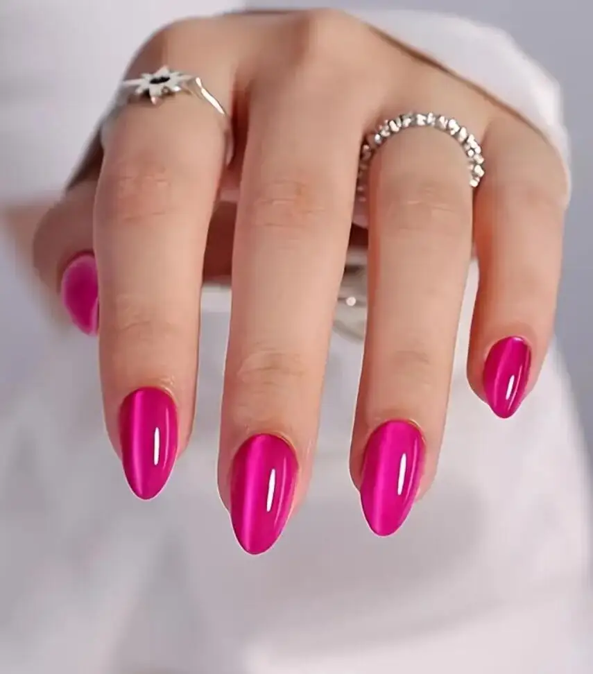 30개 드래곤 프루트 컬러 캣 아이 가짜 손톱 짧은 아몬드 프레스 온 네일 광택 로즈 레드 인조 손톱 여성용 사무실 및 일상용