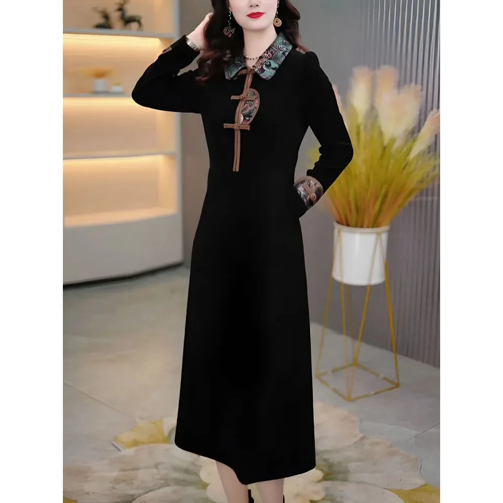 新しい中国のレトロな女性のドレス春秋の新しい高貴なゴールドベルベットプリントドレスビッグサイズ改良されたチャイナドレス黒 5XL