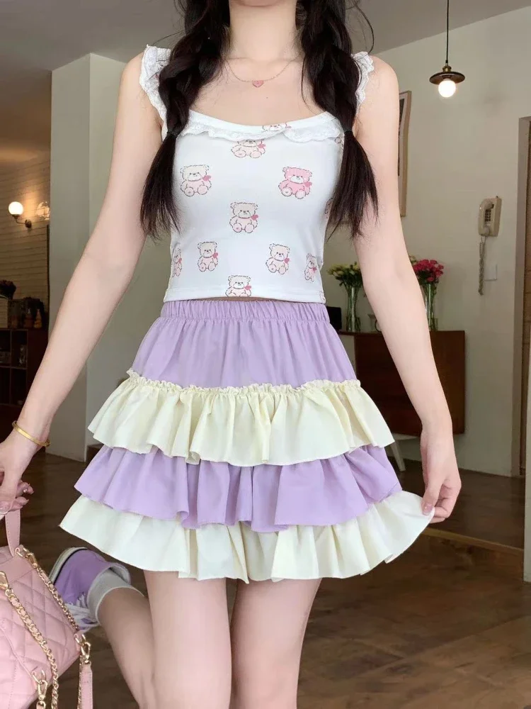 

Японский Модный милый женский костюм Kawaii Милая Фея без рукавов комплект из 2 предметов женский топ с принтом и юбка с завышенной талией 2024