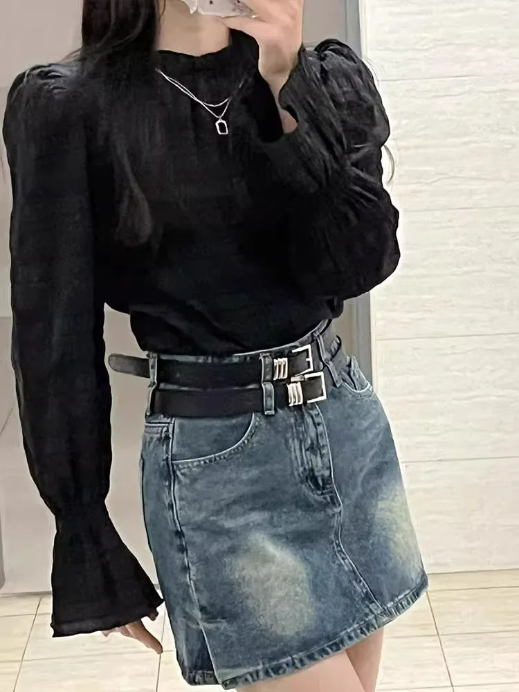 تنورة عالية الخصر على شكل حرف a للسيدات من قماش الدنيم تنانير مثيرة للتنابق الكورية Sle للتنقل بقصة ضيقة منتظمة ورقيقة لصيف 2025