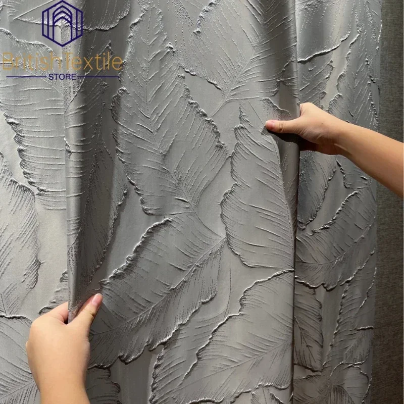 

Modern High Precision Gray Thread Jacquard Beige 3D Leaves Curtains for Living Room Bedroom Dining Luxury Window Blackout Custom