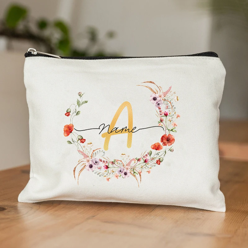 Bolsa de maquillaje personalizada con nombre de la novia, guirnalda de flores, organizador, regalo de despedida de soltera, dama de honor, bolsa de almacenamiento de boda