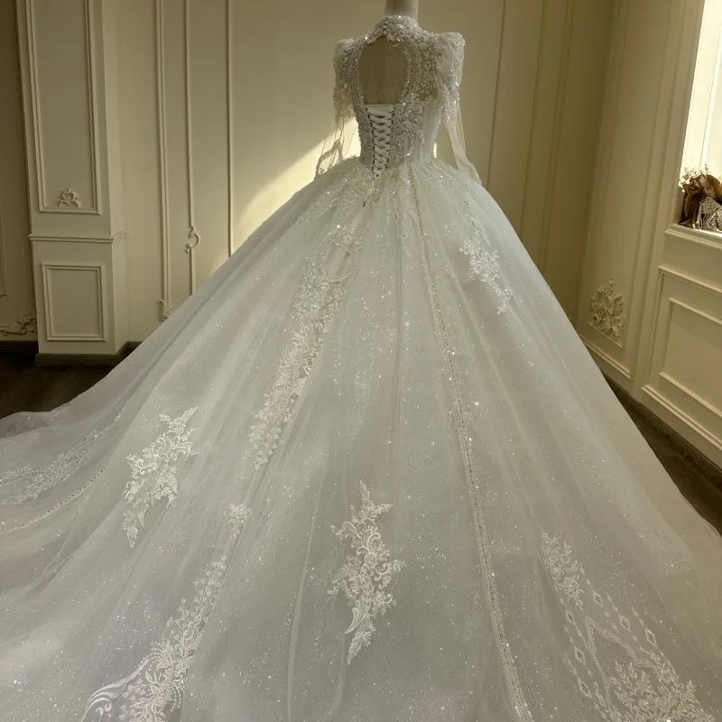 2024 new round-neck gorgeous long-sleeved trailing wedding dress