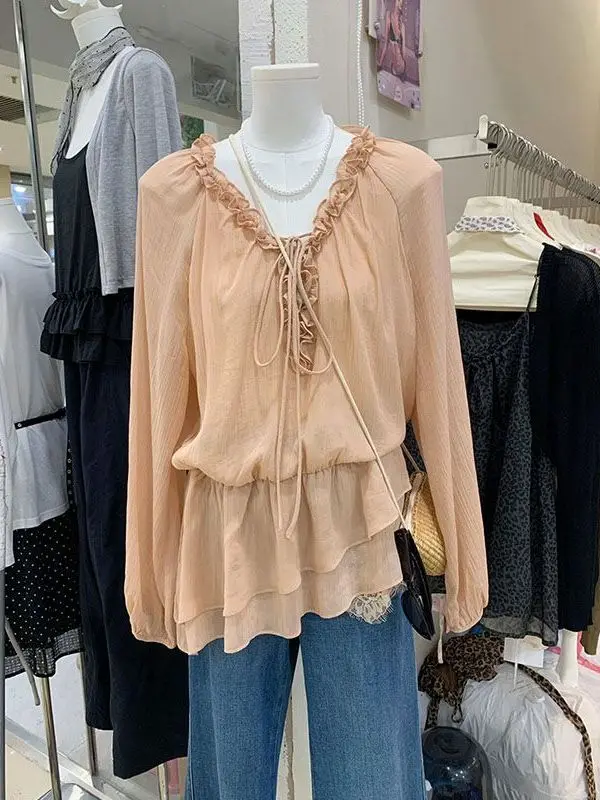 

Sweet Princess Lace Patchwork Wooden Ruffle Shirt Women's Spring Summer Slimming V-neck Top Gentle Breathable Long Sleeve