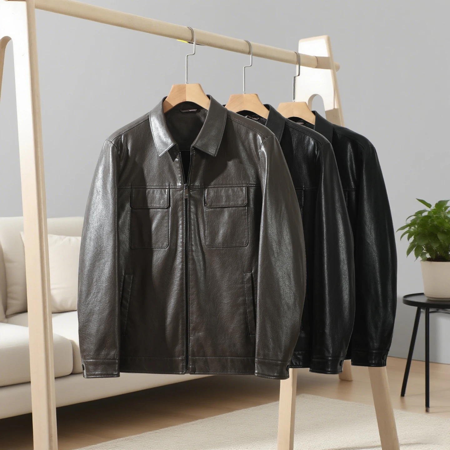 

Men's PU Leather Biker Jaet Autumn Busin Casual Straight Leg ket Design Polyester Fiber Long Sve Zipper Closure