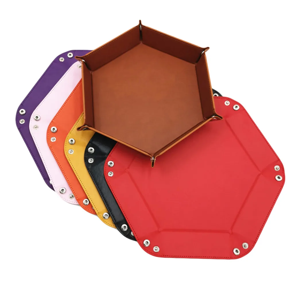 Rolling Folding Hexagon Dice Game Storage Tray PU Leather&Velvet Mat Holder Double Sided Thick Office Supplies Storage Tools