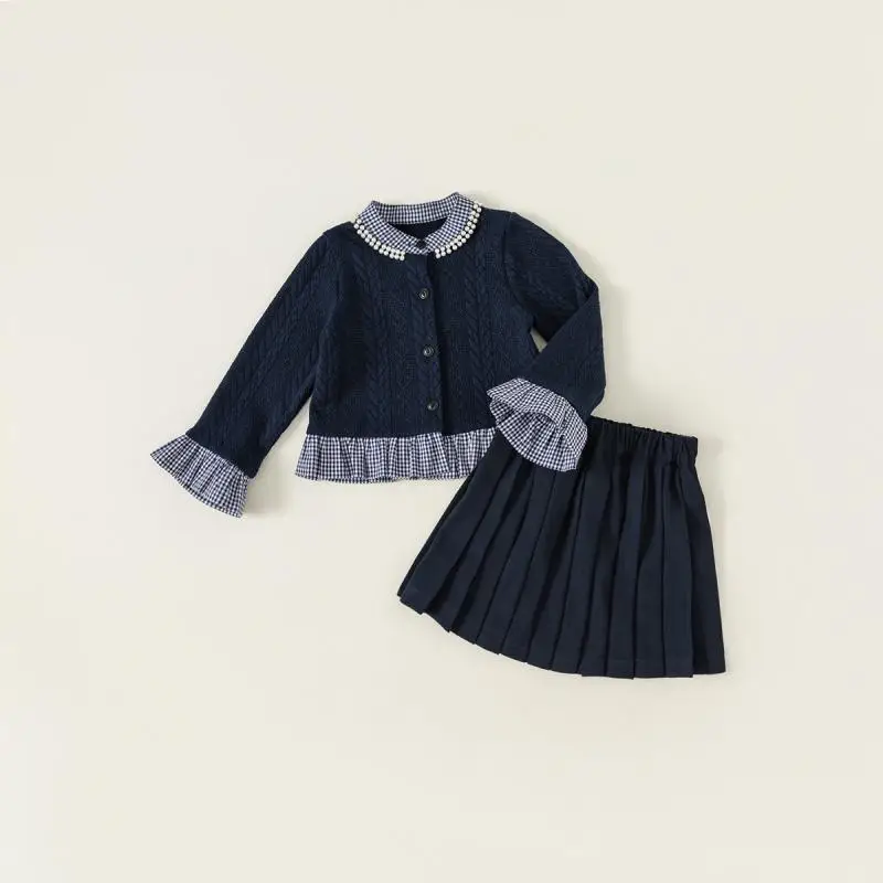 2024 Children Clothes Spring  Autumn Baby Girls Two Piece Set Patchwork Long Sleeve Knitted Cardigan Solid Fashion Pleated Skirt