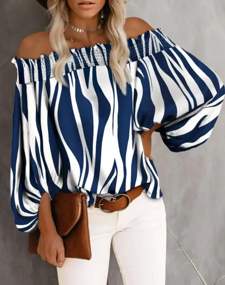 Women's Clothing Blouse Elegant Trendy 2025 Zebra Stripe Print Shirred Off Shoulder Lantern Long Sleeve Top Loose Casual Blouse