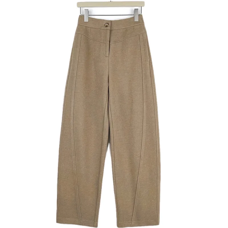 Hot Selling 2025 Autumn/winter Solid Color Wool Curved Knife Cut Thick and Warm Elastic Waist Pants