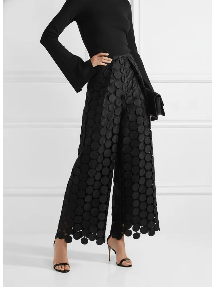 

2026 New Women's Artistic Luxury Black Pants Structured Circle Embellished High Waisted Wide-Leg Cropped Formal Party Pants