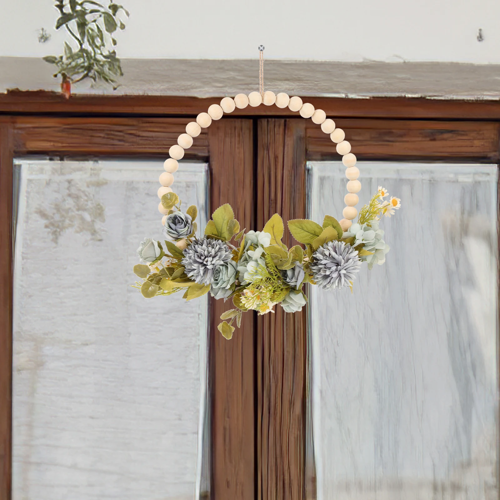 

Faux Wood Bead Simulation Wreath Decorative Spring Hanging Floral Home WeddingVintage Door Sign Front Door Wreath
