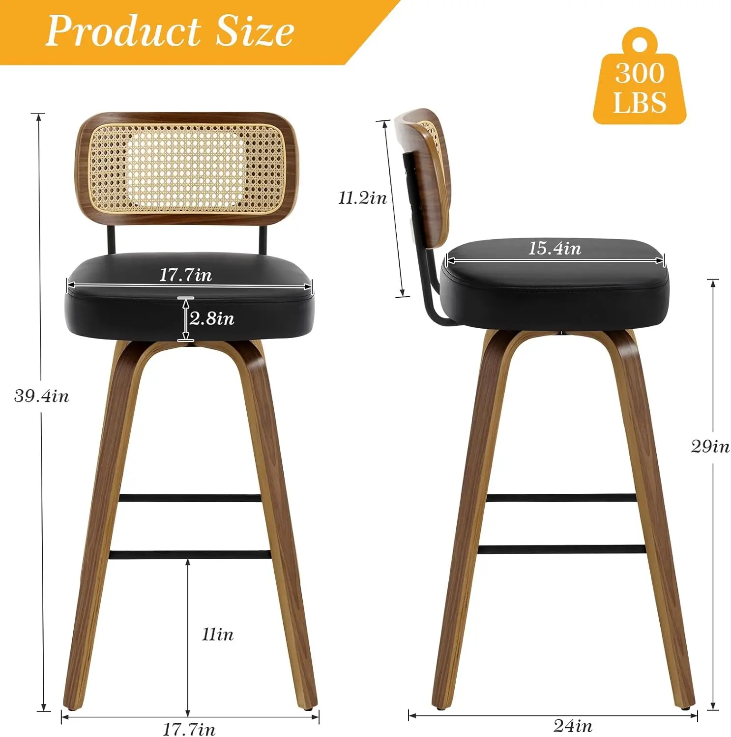 Taburetes de Bar giratorios, taburetes tapizados de piel sintética con respaldo de ratán, marco de madera de Bentwood, sillas de Bar de 29 "de altura de asiento para