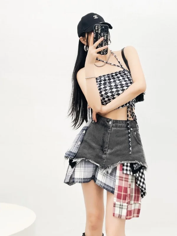 

Retro High Waist Patchwork Design Denim Shorts Women's Summer New Style Spicy Girl Fashion Casual Versatile Pants Skirt