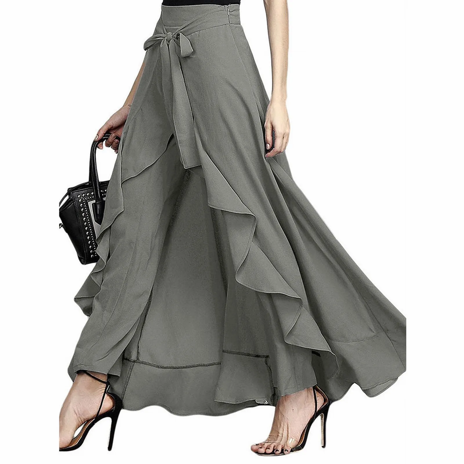 

Summer Women's High Waist Wide Leg Pants Elegant Causal Ruffle Drawstring Irregular Loose Trouser Solid Color Female Pant Skirt