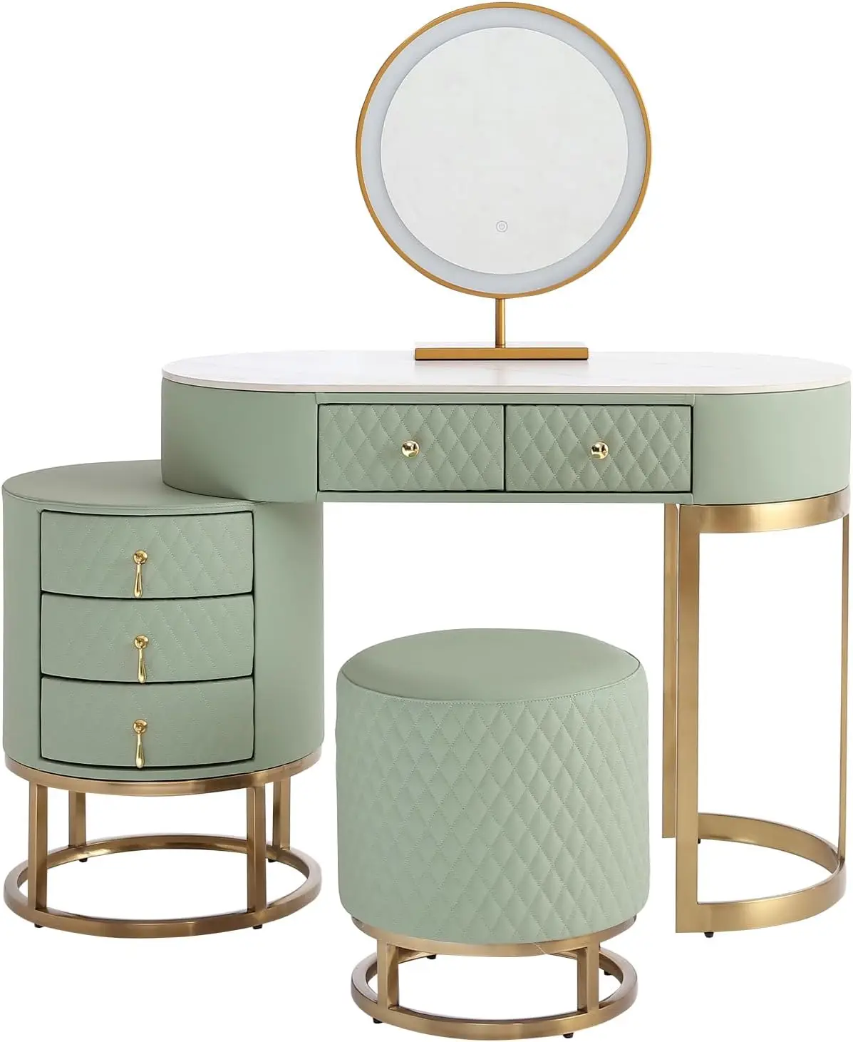 Faux Leather Makeup Vanity Set with LED Lighted Mirror, Luxury Dressing Table with Storage Drawers and Dressing Stool, Green