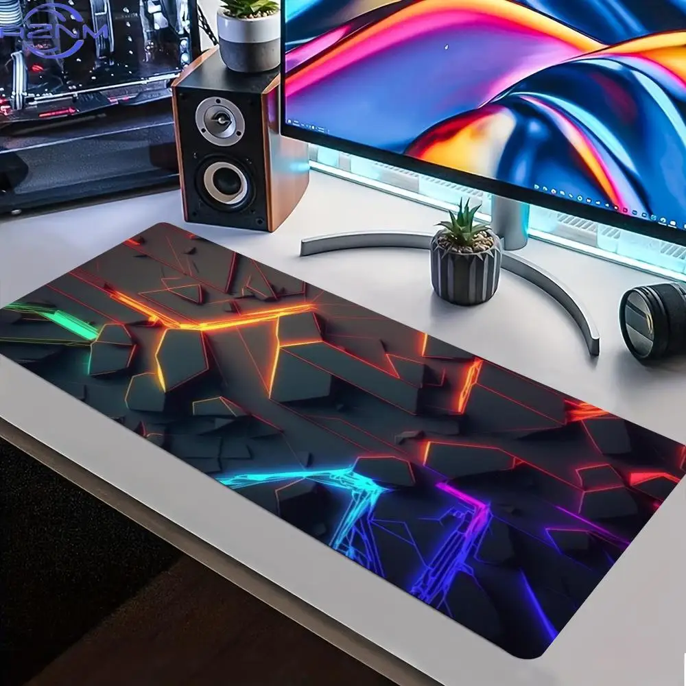 Colorful Neon Crack Texture Large Gaming Mouse Pad Non Slip Rubber Stitched Edge HD Print Mat for Gamer Laptop Workstation