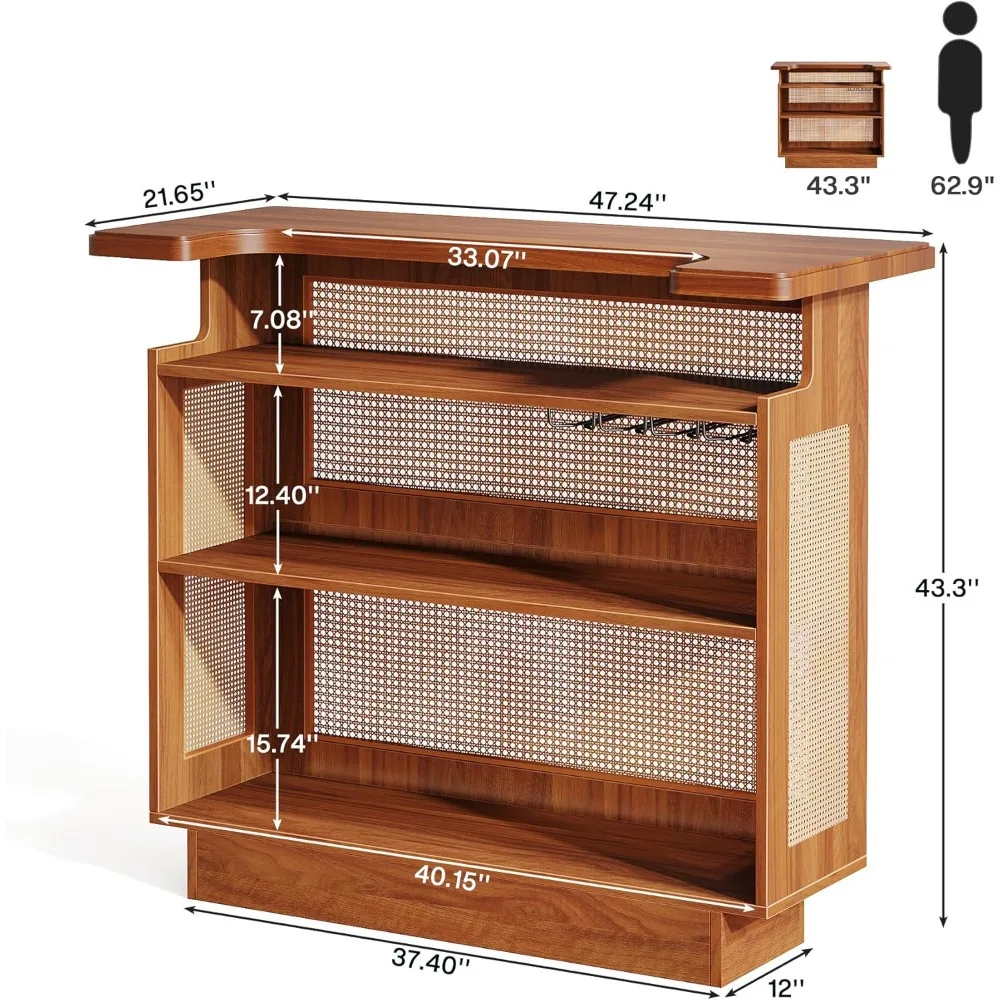 Home Bar Unit, 4-Tier Liquor Bar Table, Mini with Wine Racks and Glass Holder, Farmhouse Cabinet for Home Kitchen Pub