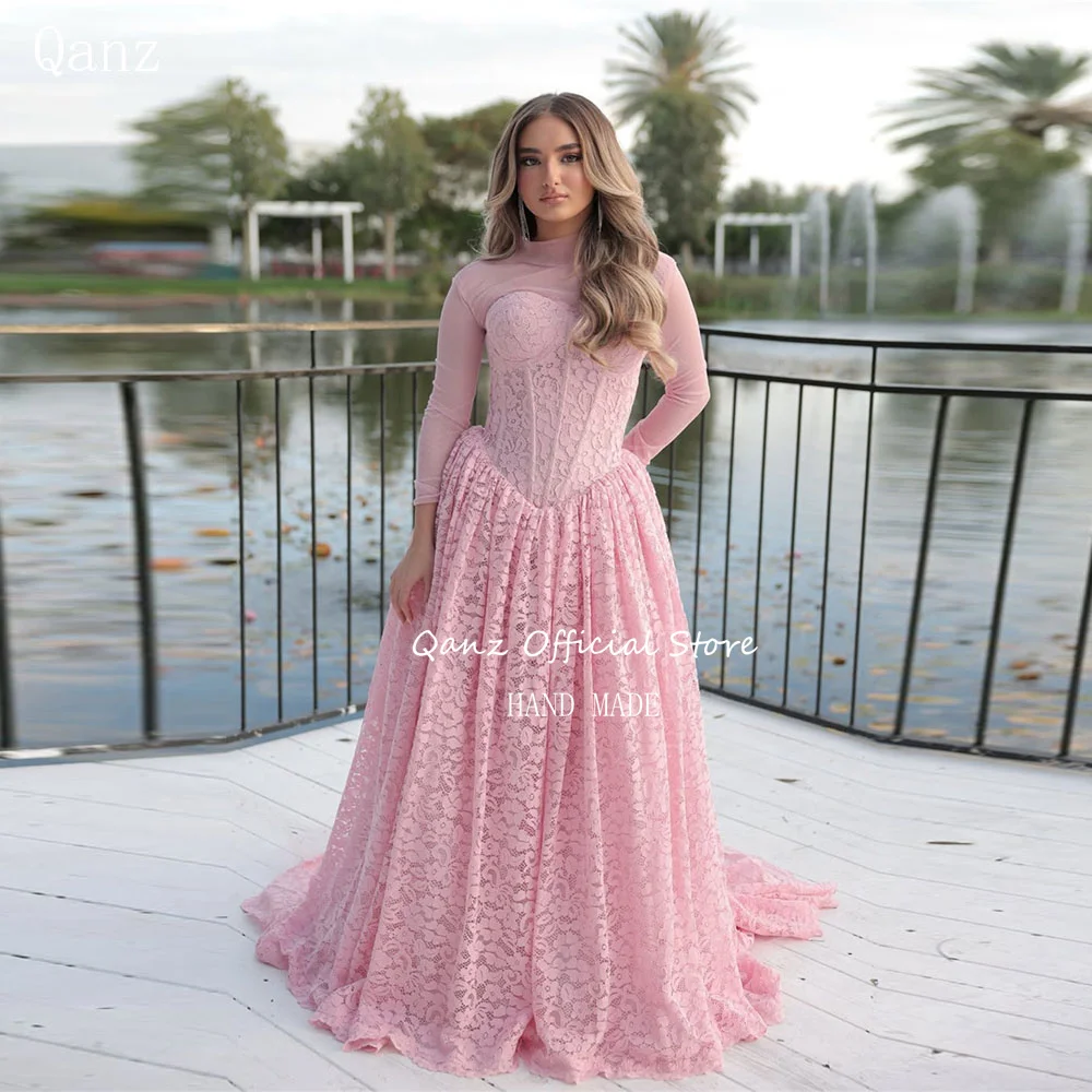 

Qanz Pink Lace Appliques Prom Dress 2 Pieces Swetheart Vestidos De Fiesta Elegantes Women's Wedding Party Attire Customized