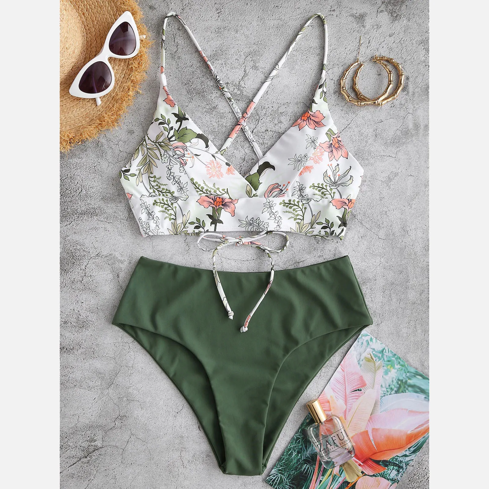 купальник женский Boho Leaf Flower Print Bikini Set Women Summer Sexy Cross Backless Bandaeg Swimwear Hawaii High Waist Swimsuit