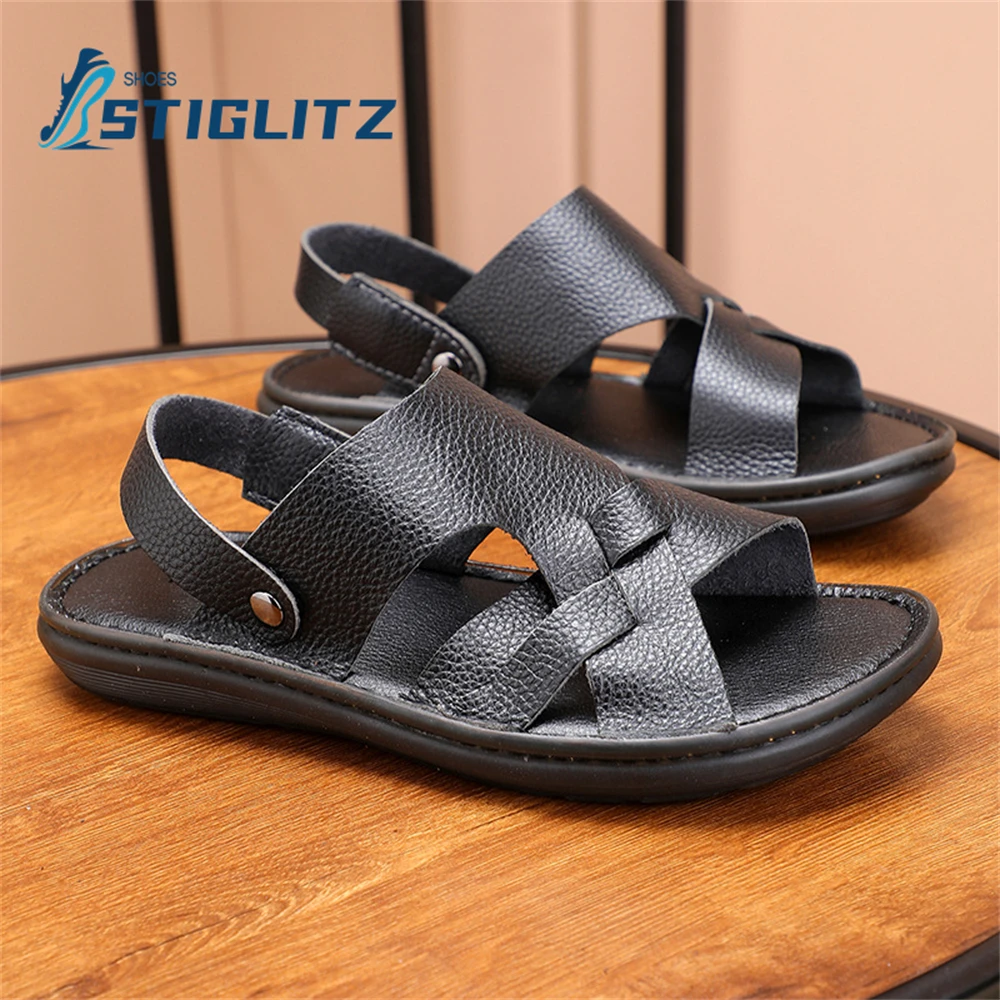 Holiday Beach Flat Sandals for Men Solid Color Genuine Leather Flat Casual Slippers Hollow Open Toe Oxford Soft Sole Men's Shoes